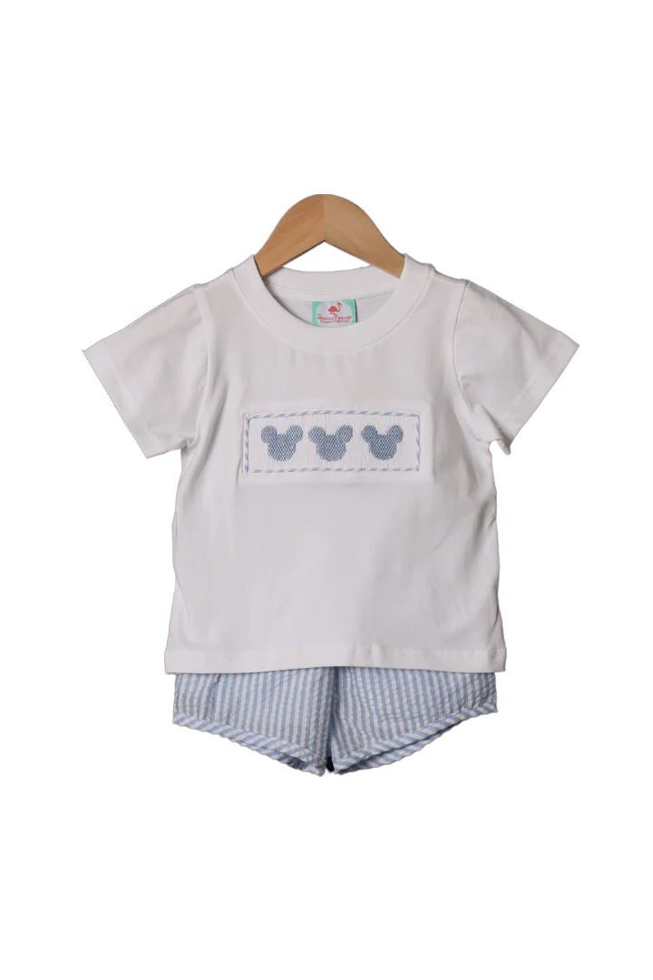 Smocked Mouse Blue Seersucker Short Set