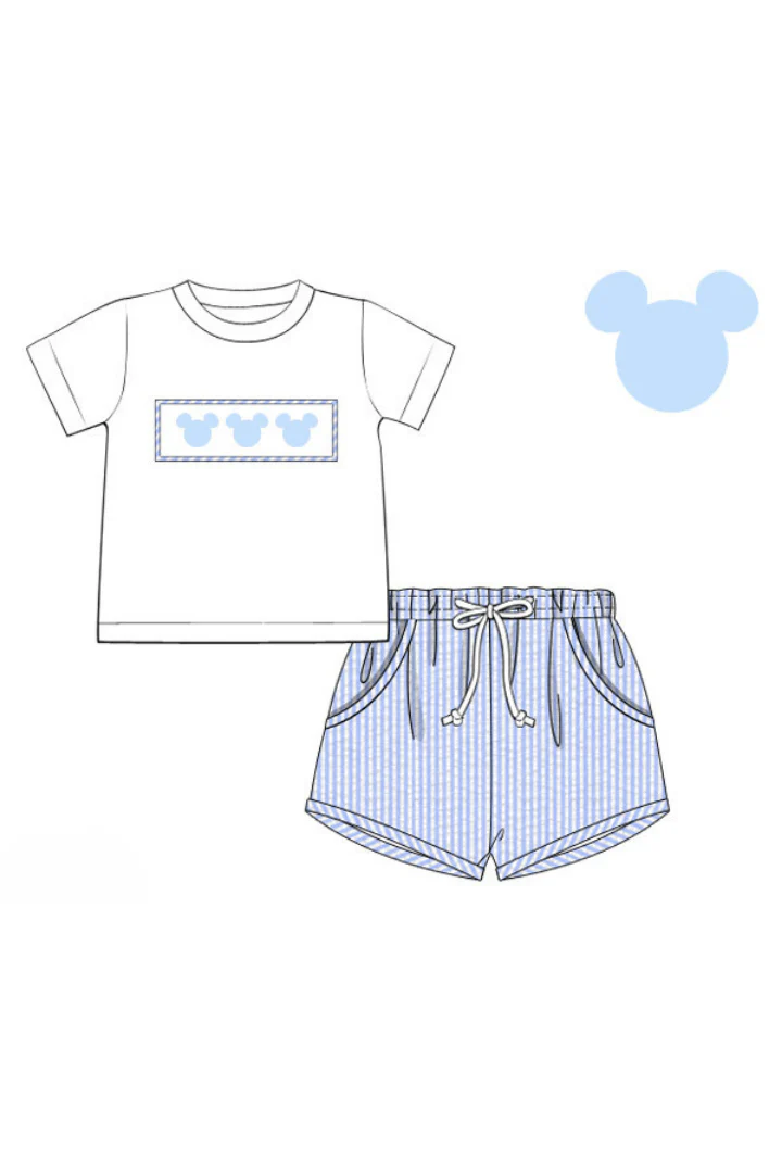 Smocked Mouse Blue Seersucker Short Set - Image 3