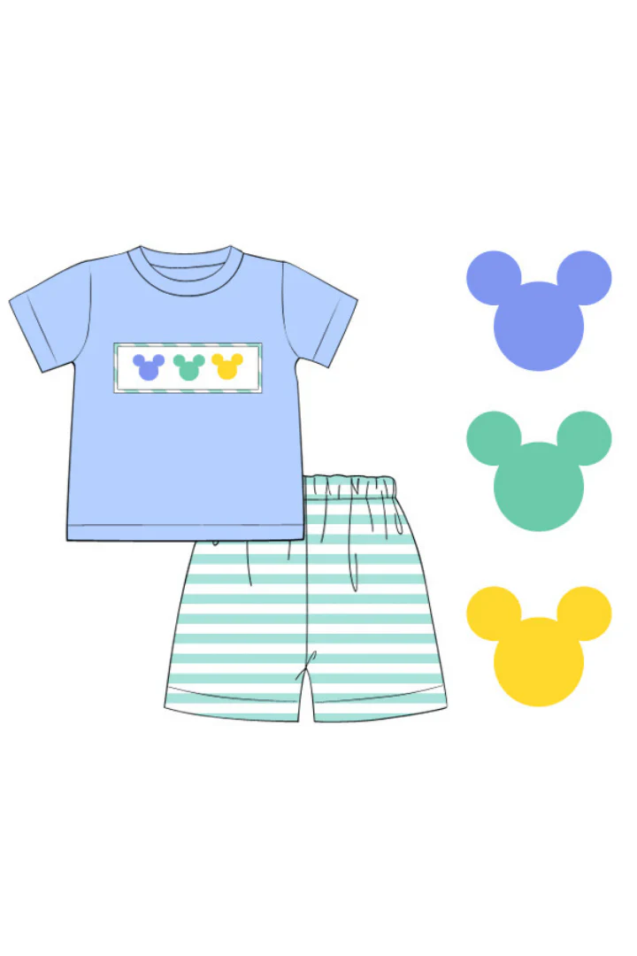 Smocked Mouse Mint/Blue Striped Short Set - Image 2