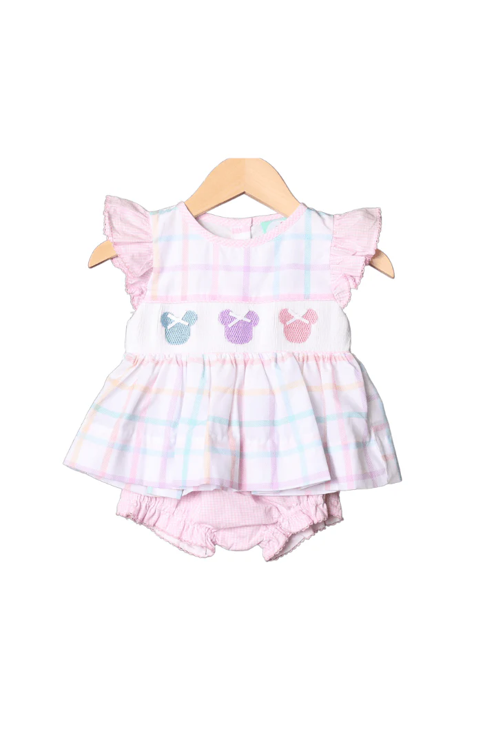 Smocked Mouse Pastel Plaid Bloomer Set