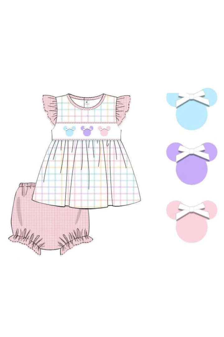 Smocked Mouse Pastel Plaid Bloomer Set - Image 2