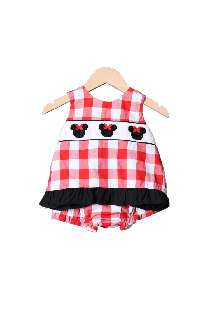 Smocked Mouse Red Gingham Bow Bloomer Set