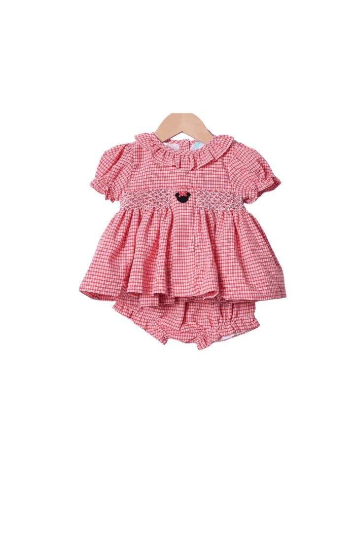 Smocked Mouse Red Seersucker Bloomer Set