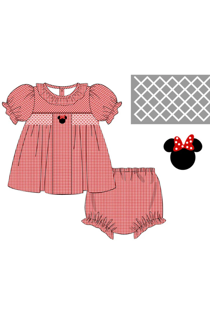 Smocked Mouse Red Seersucker Bloomer Set - Image 2