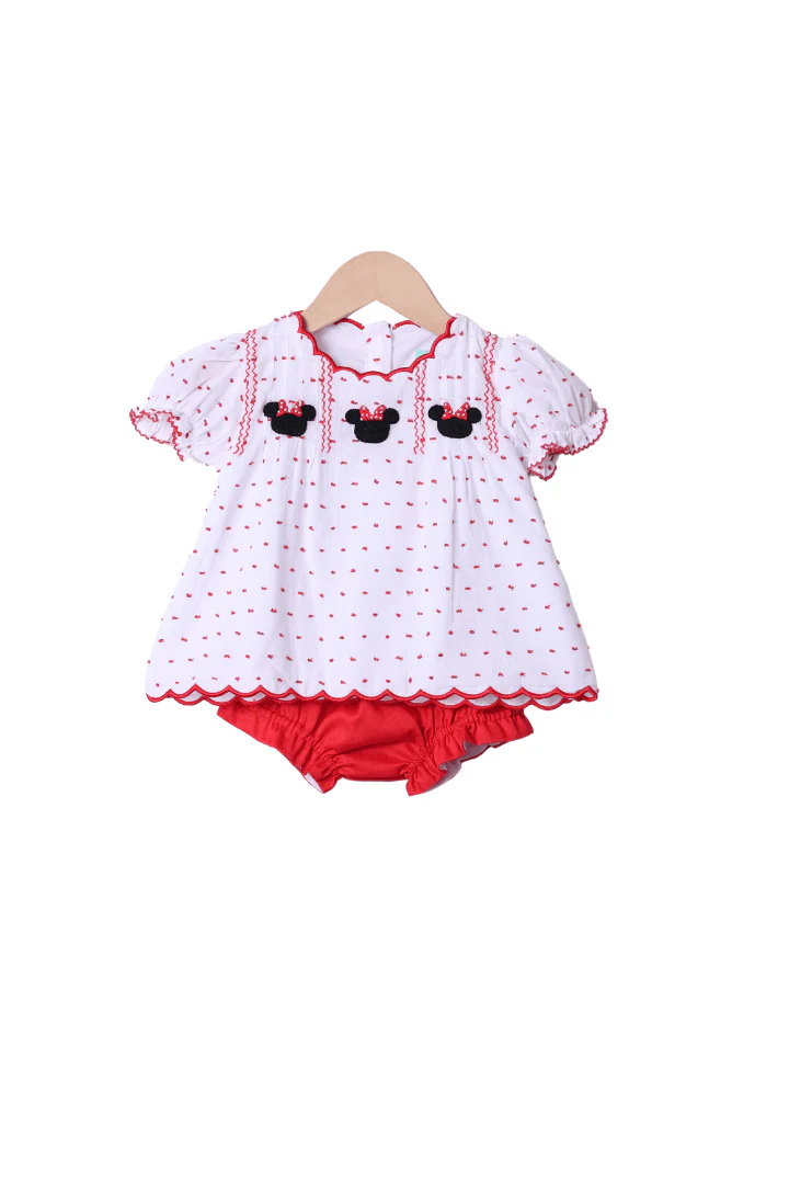 Smocked Mouse White and Red Swiss Dot Bloomer Set