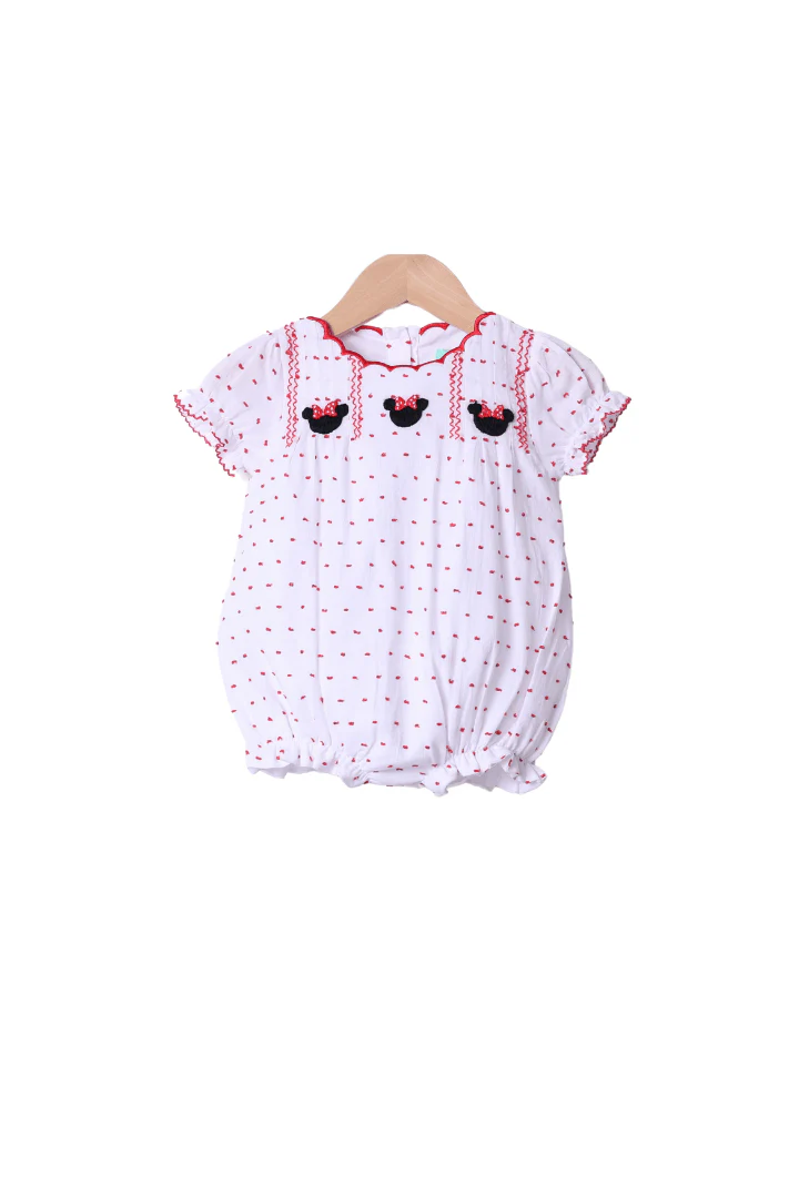 Smocked Mouse White and Red Swiss Dot Bubble