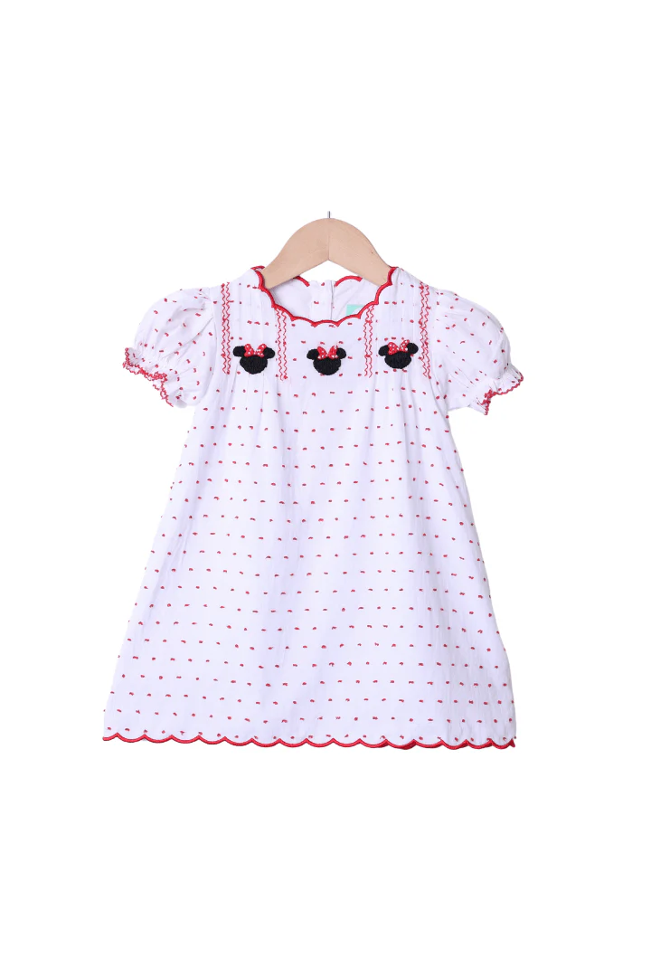 Smocked Mouse White and Red Swiss Dot Dress