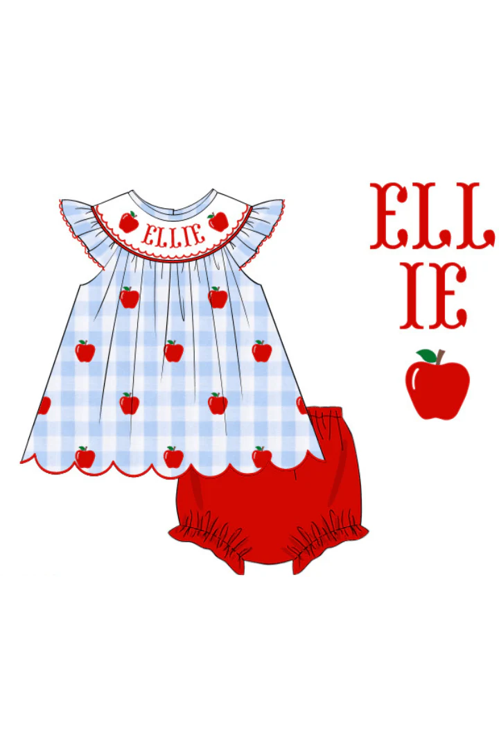 Pre-Order Custom Name Smocked Blue Gingham Apple Bloomer Set