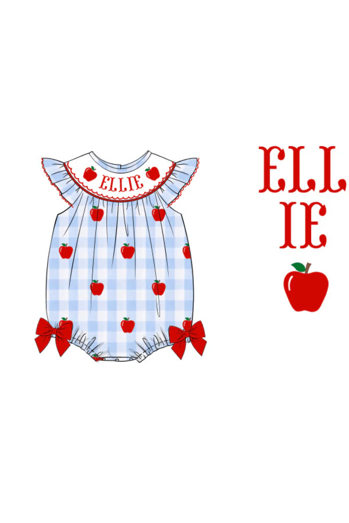 Pre-Order Custom Name Smocked Blue Gingham Apple Bubble