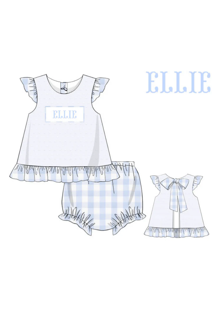 Pre-Order Custom Name Smocked Swiss Dot Blue Gingham Bow Bloomer Set