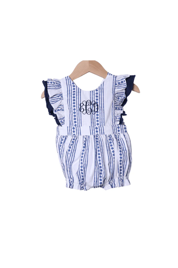 Smocked Navy and White Bow Bubble