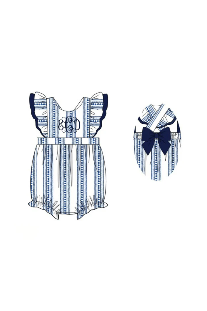Smocked Navy and White Bow Bubble - Image 3