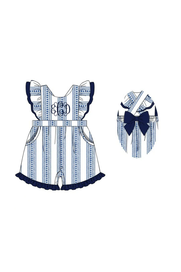 Smocked Navy and White Bow Romper - Image 3