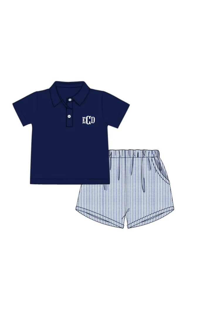 Smocked Navy and White Pinstripe Short Set - Image 2