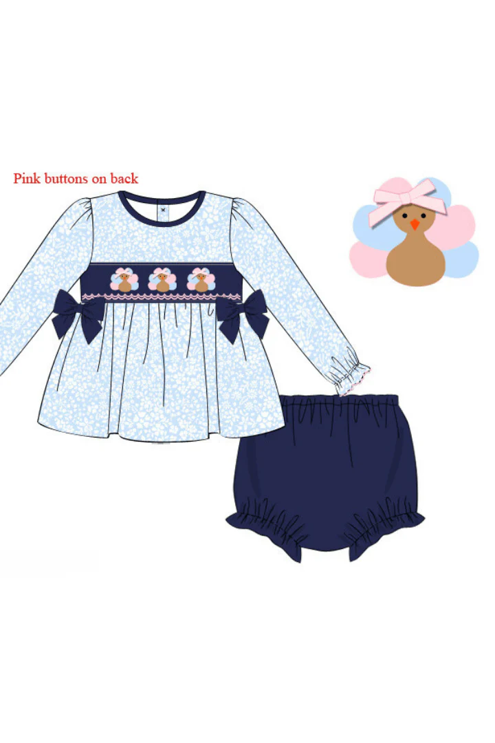 Pre-Order Smocked Navy Blue Floral Turkey Bloomer Set