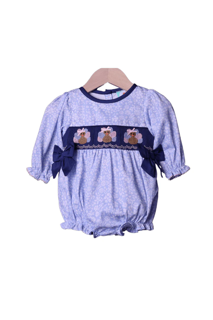 Pre-Order Smocked Navy Blue Floral Turkey Bubble - Image 2