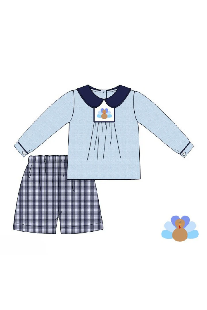 Smocked Navy Blue Gingham Turkey Short Set - Image 2