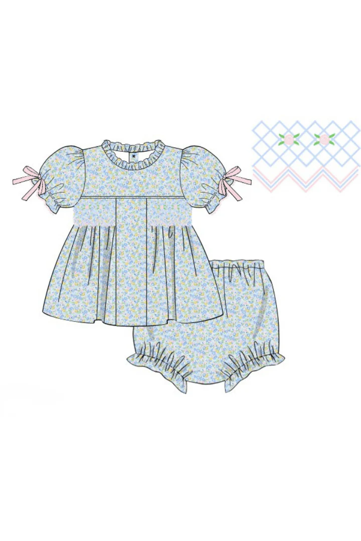 Smocked Pink and Blue Floral Bloomer Set - Image 3