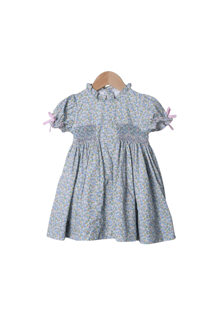 Smocked Pink and Blue Floral Bow Dress