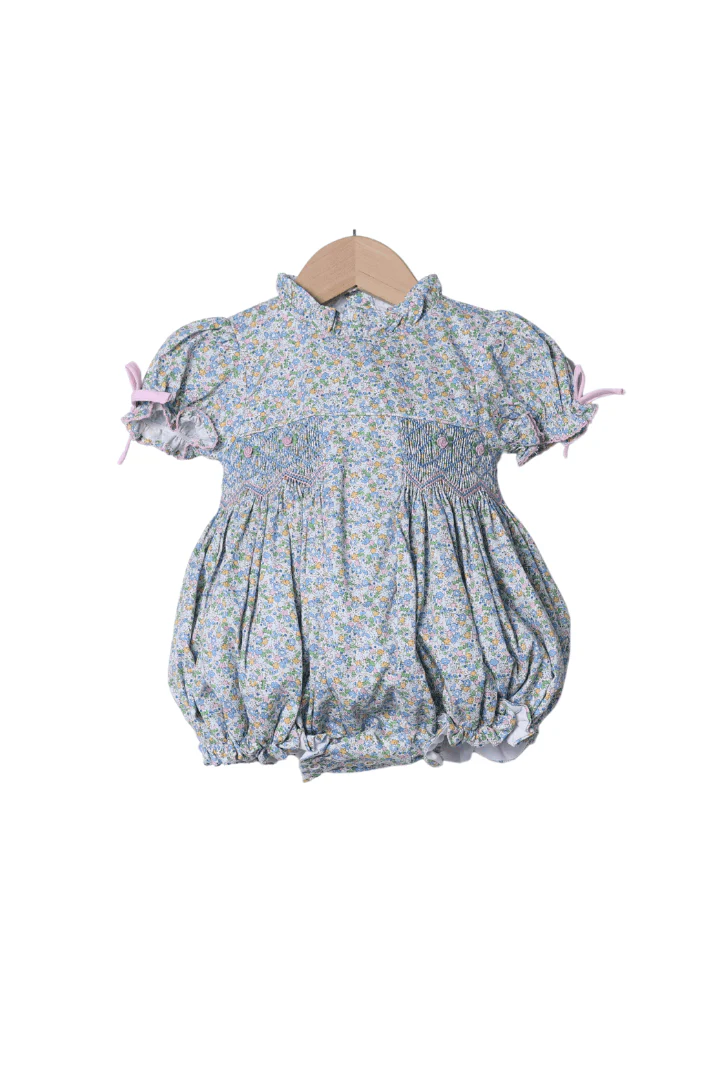 Smocked Pink and Blue Floral Bubble