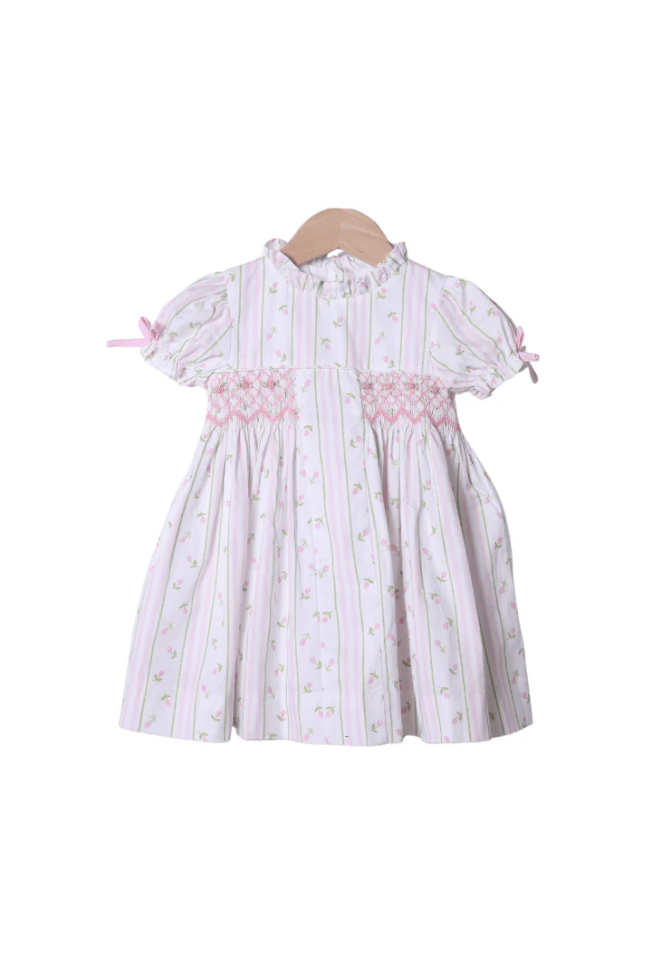 Smocked Pink Rose Trellis Bow Dress