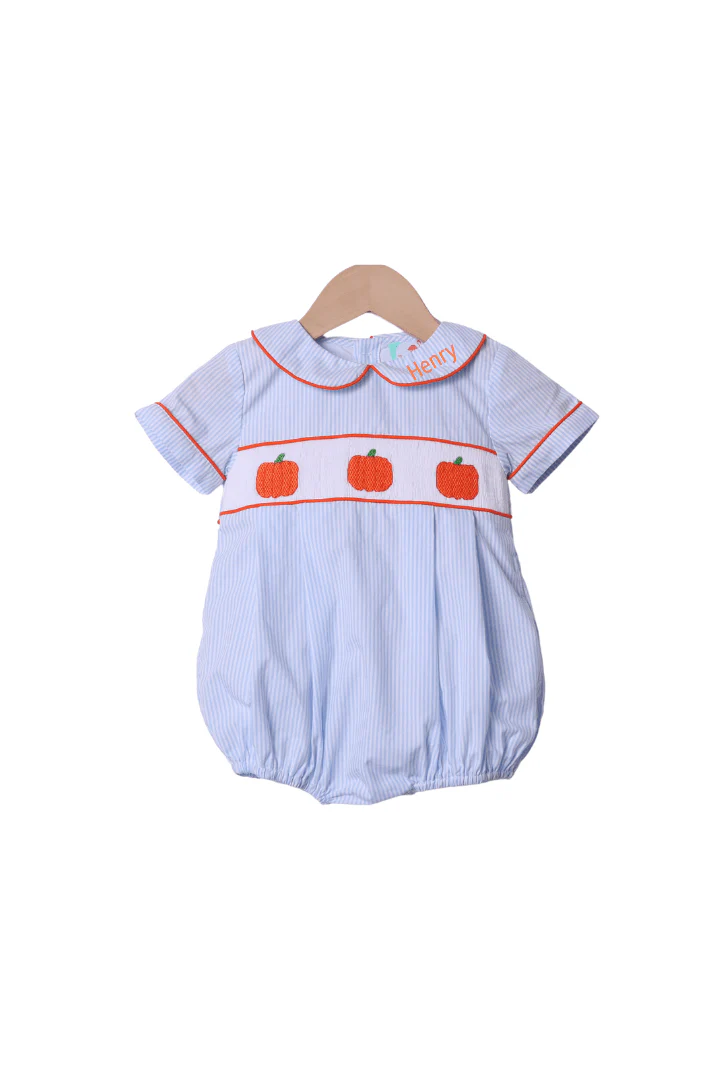 Smocked Pumpkin Blue Pinstripe Bubble