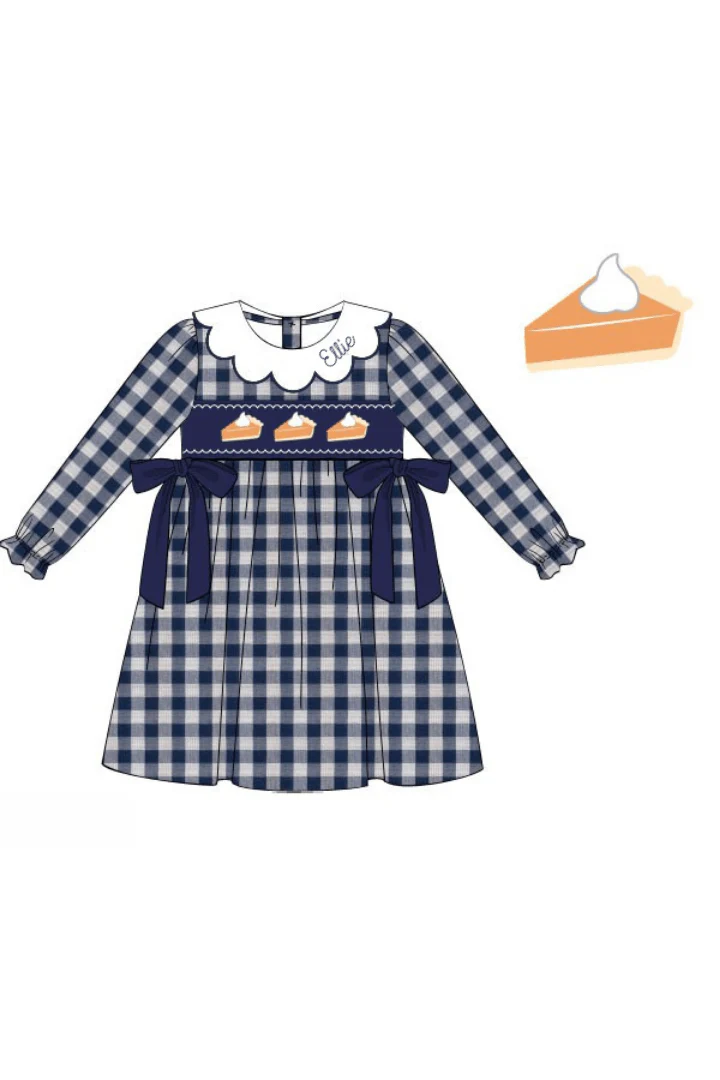 Pre-Order Smocked Pumpkin Pie Navy Linen Gingham Bow Dress