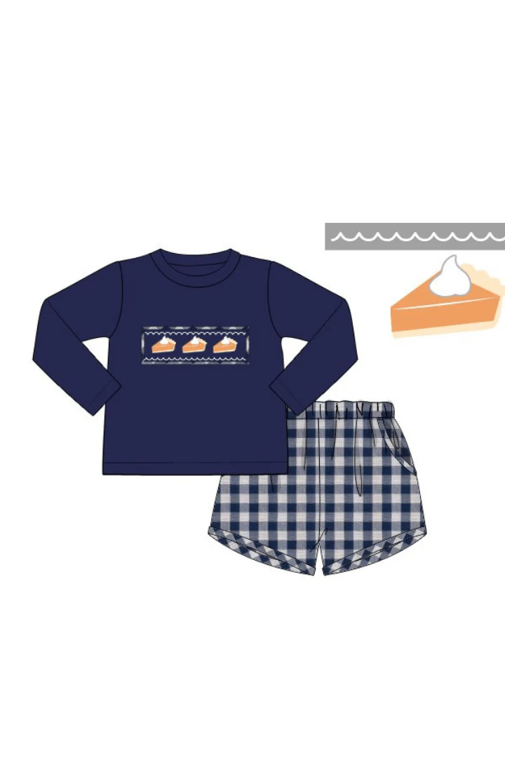 Pre-Order Smocked Pumpkin Pie Navy Linen Gingham Short Set
