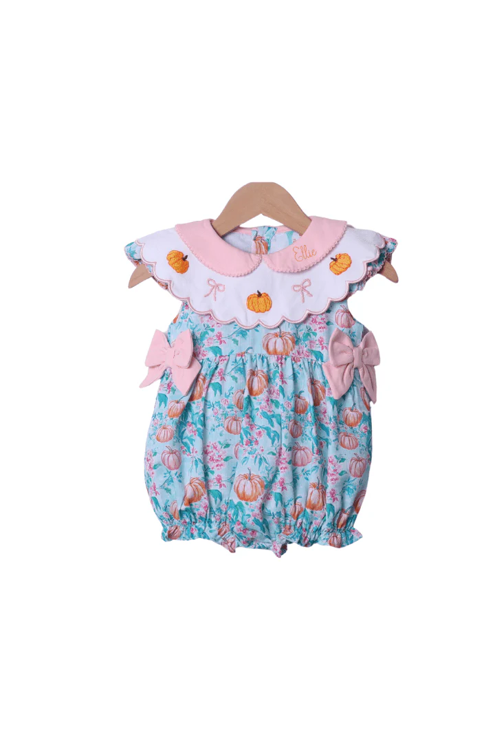 Smocked Pumpkin Turquoise Bow Bubble