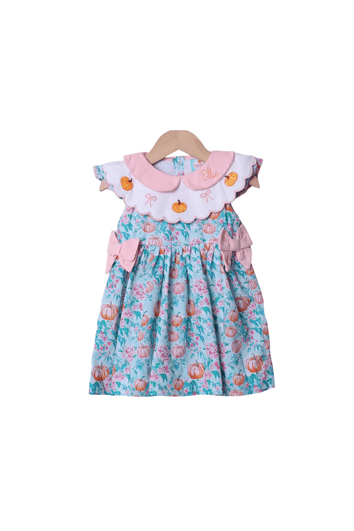 Smocked Pumpkin Turquoise Bow Dress