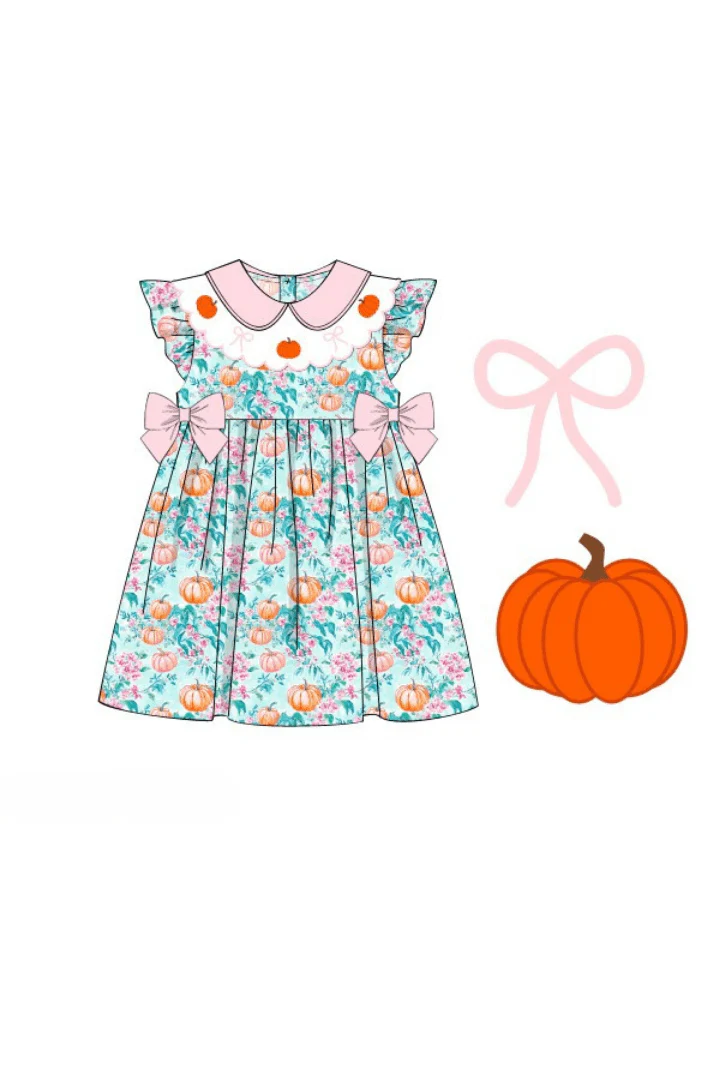 Smocked Pumpkin Turquoise Bow Dress - Image 3