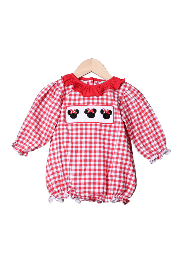 Smocked Red Gingham Mouse Ruffle Bubble