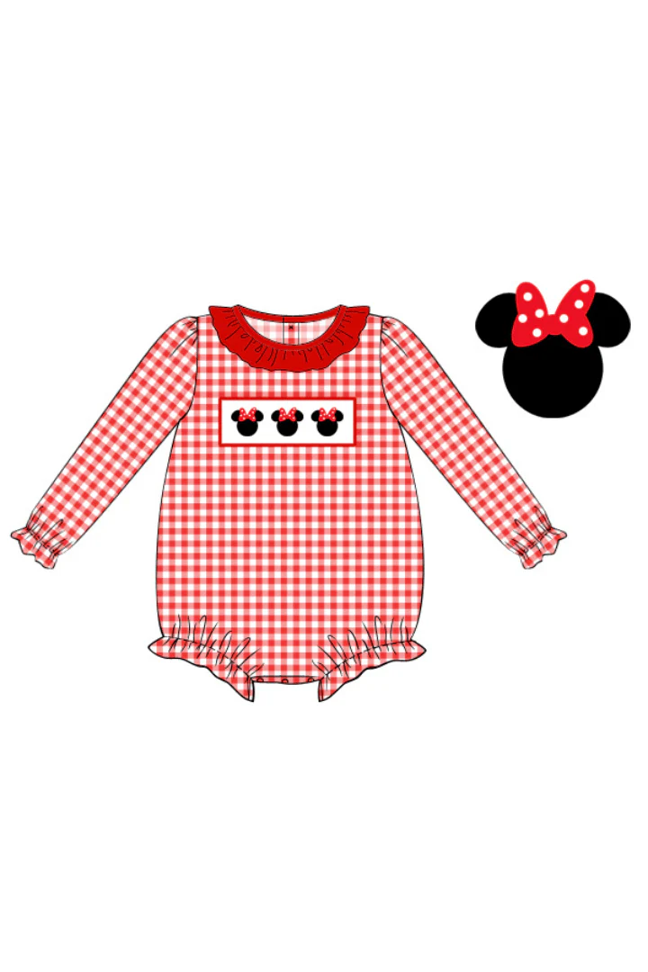 Smocked Red Gingham Mouse Ruffle Bubble - Image 2