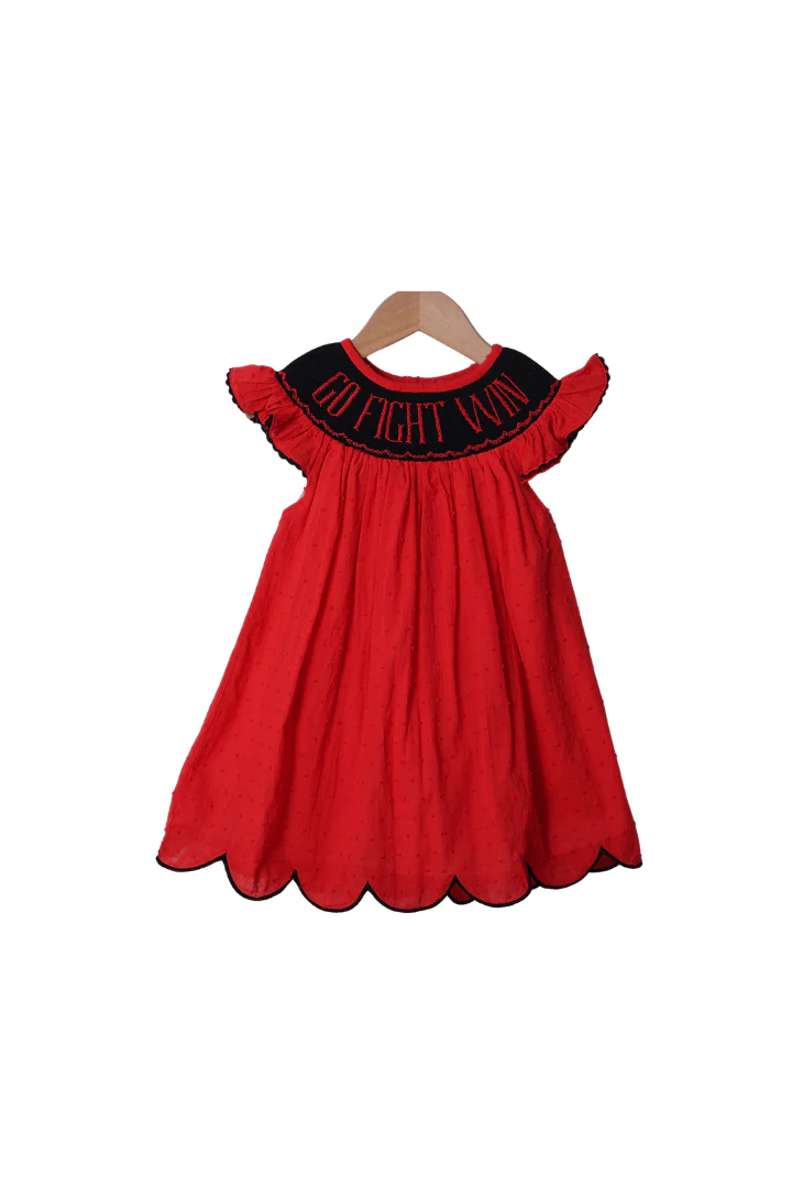 Smocked Go, Fight, Win Red/Black Swiss Dot Dress