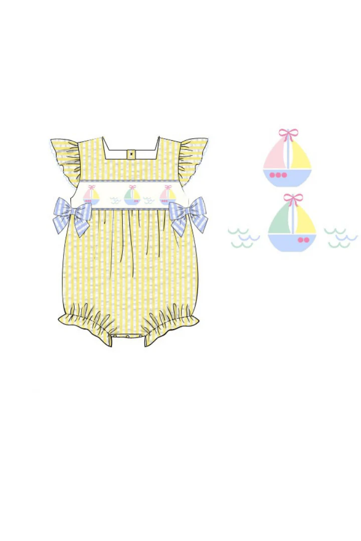 Smocked Sailboat Blue/Yellow Ruffle Bubble - Image 2
