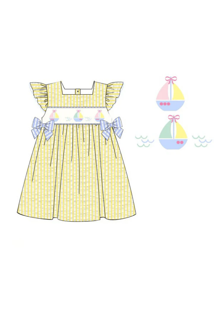 Smocked Sailboat Blue/Yellow Ruffle Dress - Image 2