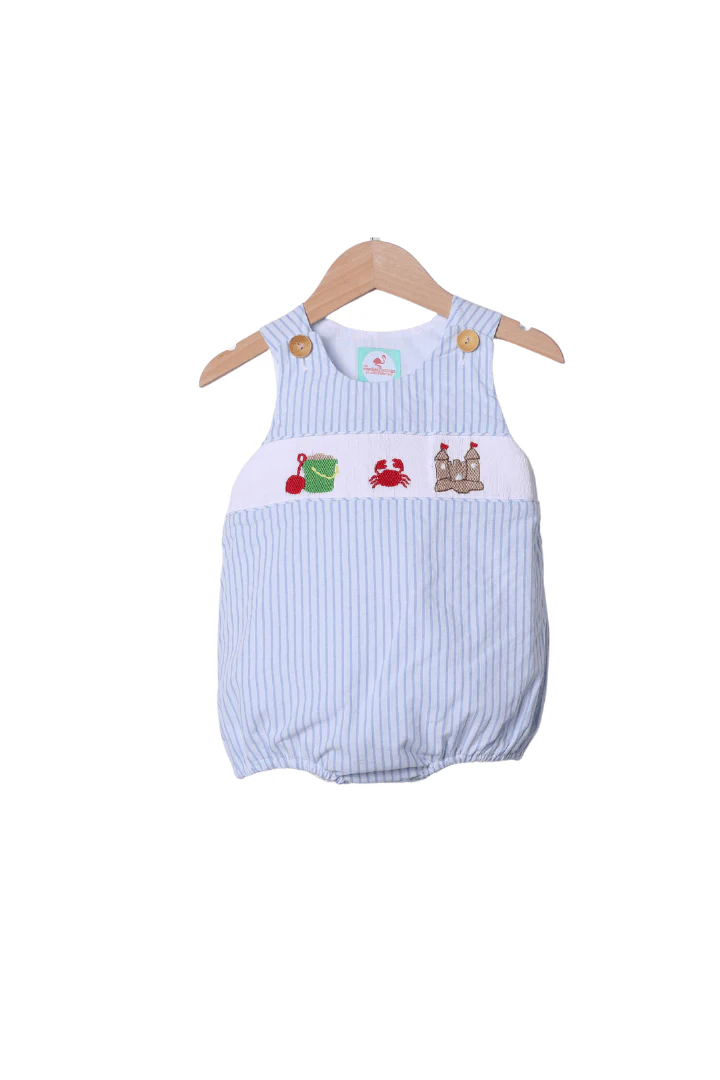 Smocked Sand Castle Blue Pinstripe Bubble