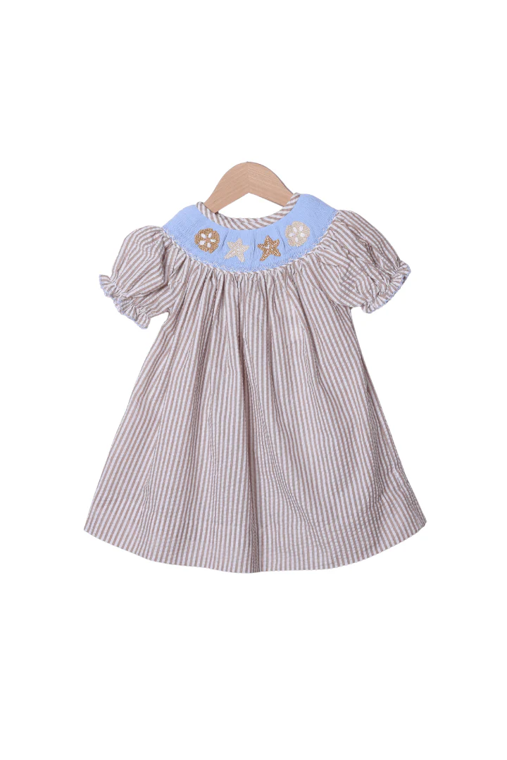Smocked Sand Dollar Blue/Khaki Seersucker Dress