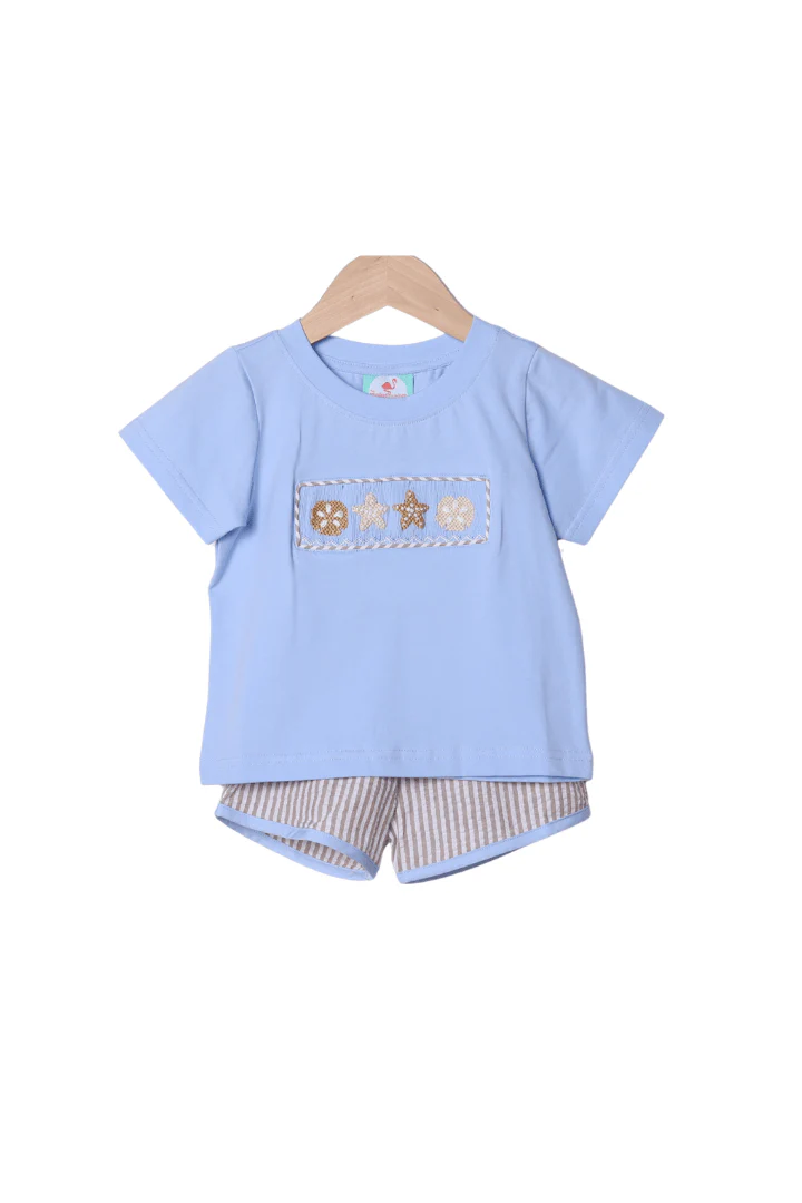 Smocked Sand Dollar Blue/Khaki Seersucker Short Set