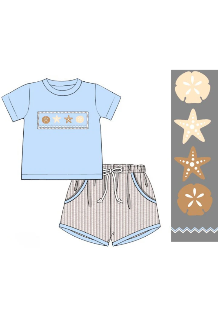 Smocked Sand Dollar Blue/Khaki Seersucker Short Set - Image 2