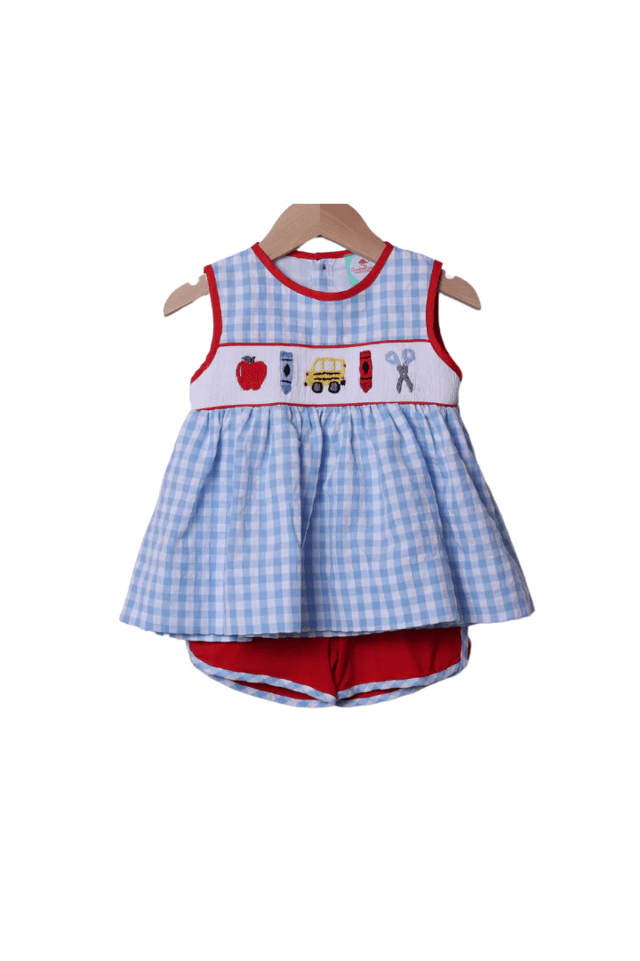 Smocked School Bus Red/Blue Gingham Seersucker Bow Short Set