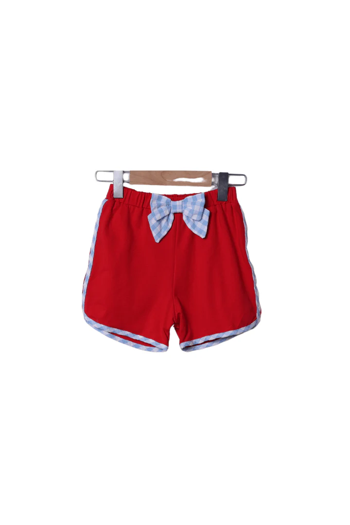 Smocked School Bus Red/Blue Gingham Seersucker Bow Short Set - Image 3