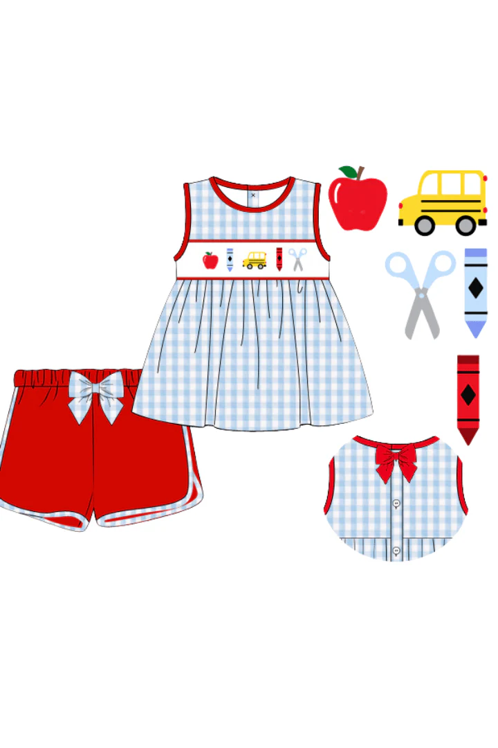 Smocked School Bus Red/Blue Gingham Seersucker Bow Short Set - Image 4