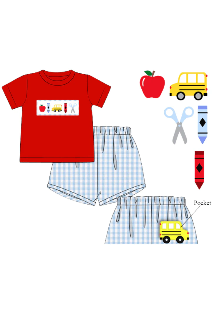 Smocked School Bus Red/Blue Gingham Seersucker Short Set - Image 4