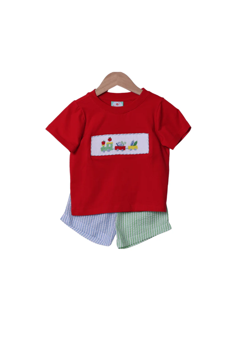Smocked School Train Color Block Seersucker Short Set