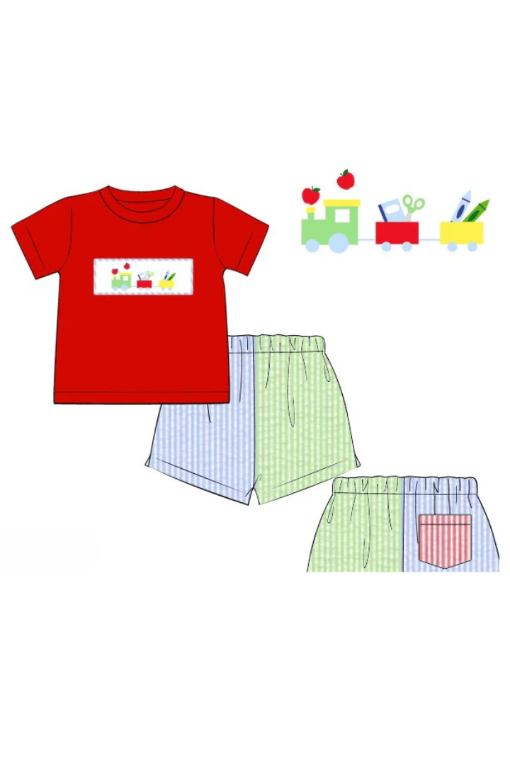 Smocked School Train Color Block Seersucker Short Set - Image 2