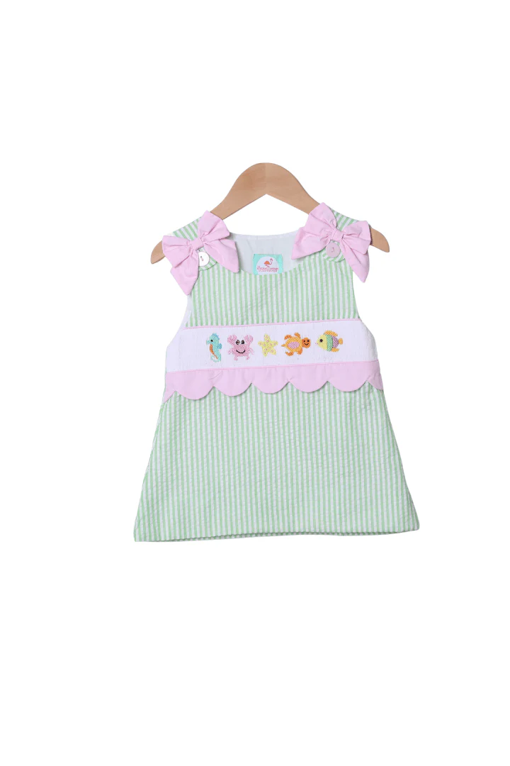 Smocked Sea Creatures Green Seersucker Dress