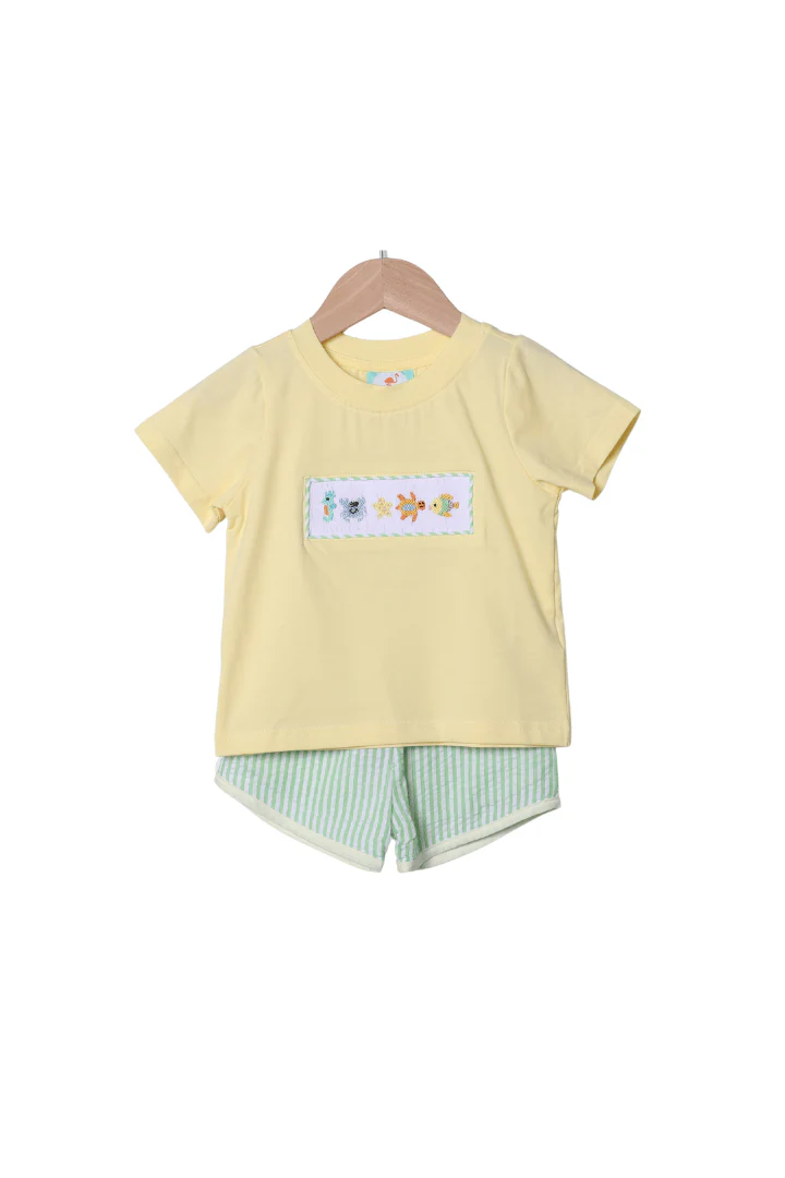 Smocked Sea Creatures Green Seersucker Short Set