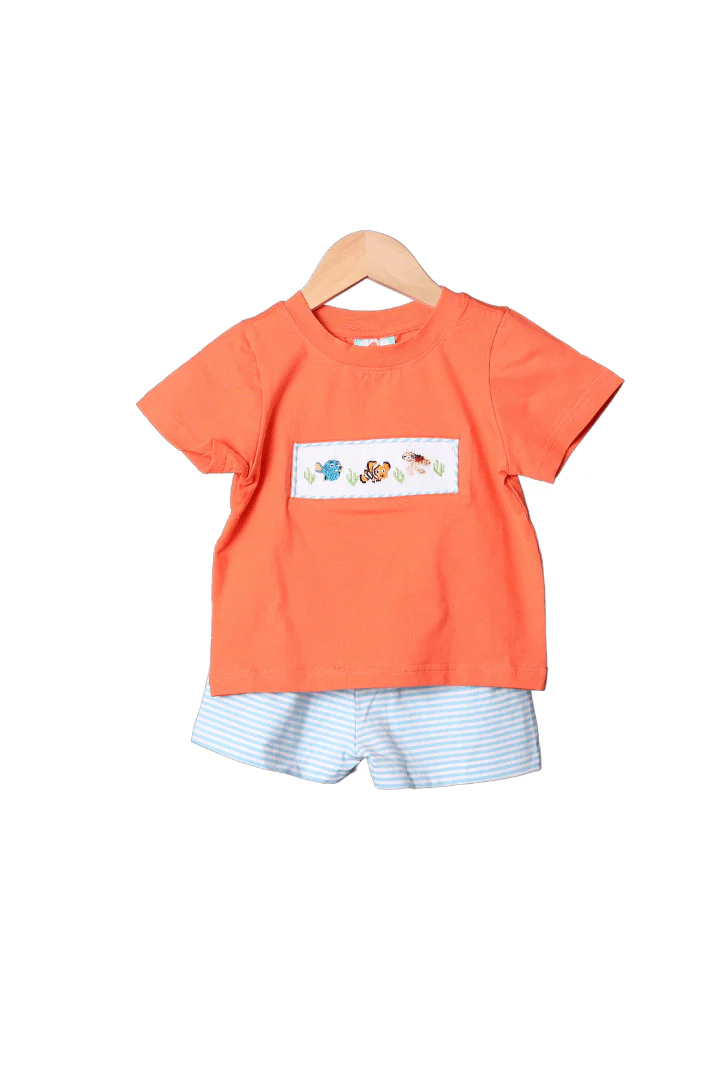 Smocked Sea Friends Blue Stripe/Coral Short Set