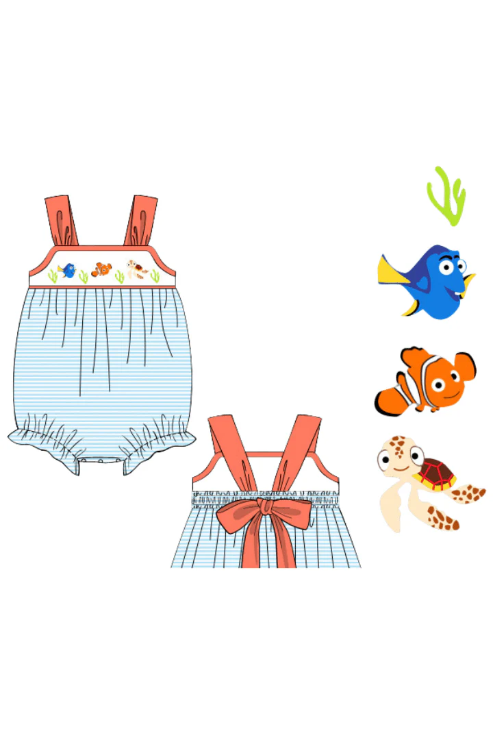 Smocked Sea Friends Blue Stripe/Coral Bow Bubble - Image 3